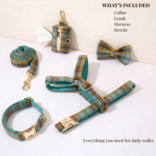 Autumn Blue Plaid Custom No Pull Dog Harness Collar Leash Bow Tie Set With Waste Bag Holder by DDPaws