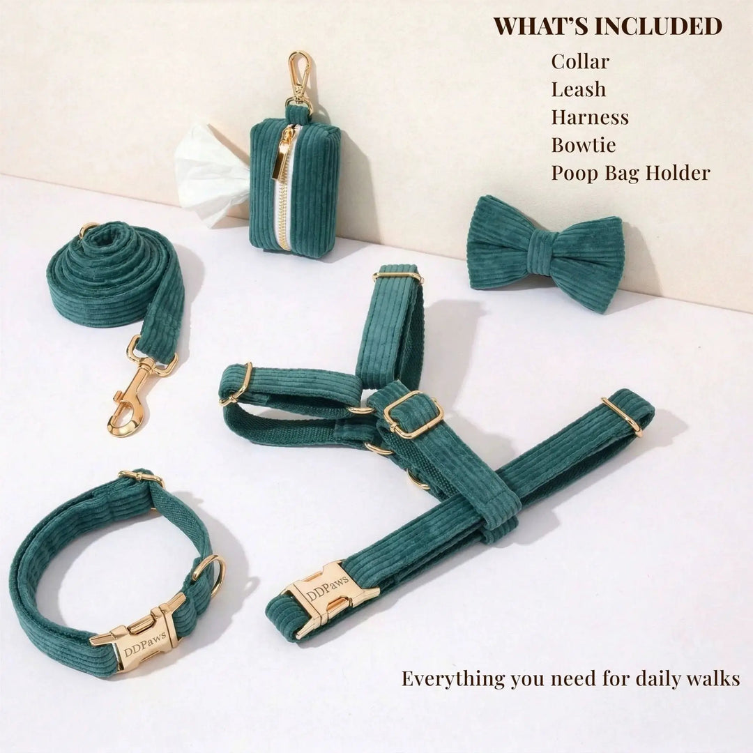 Personalized Dark Green Corduroy Harness Collar Leash No Pull Set by DDPaws