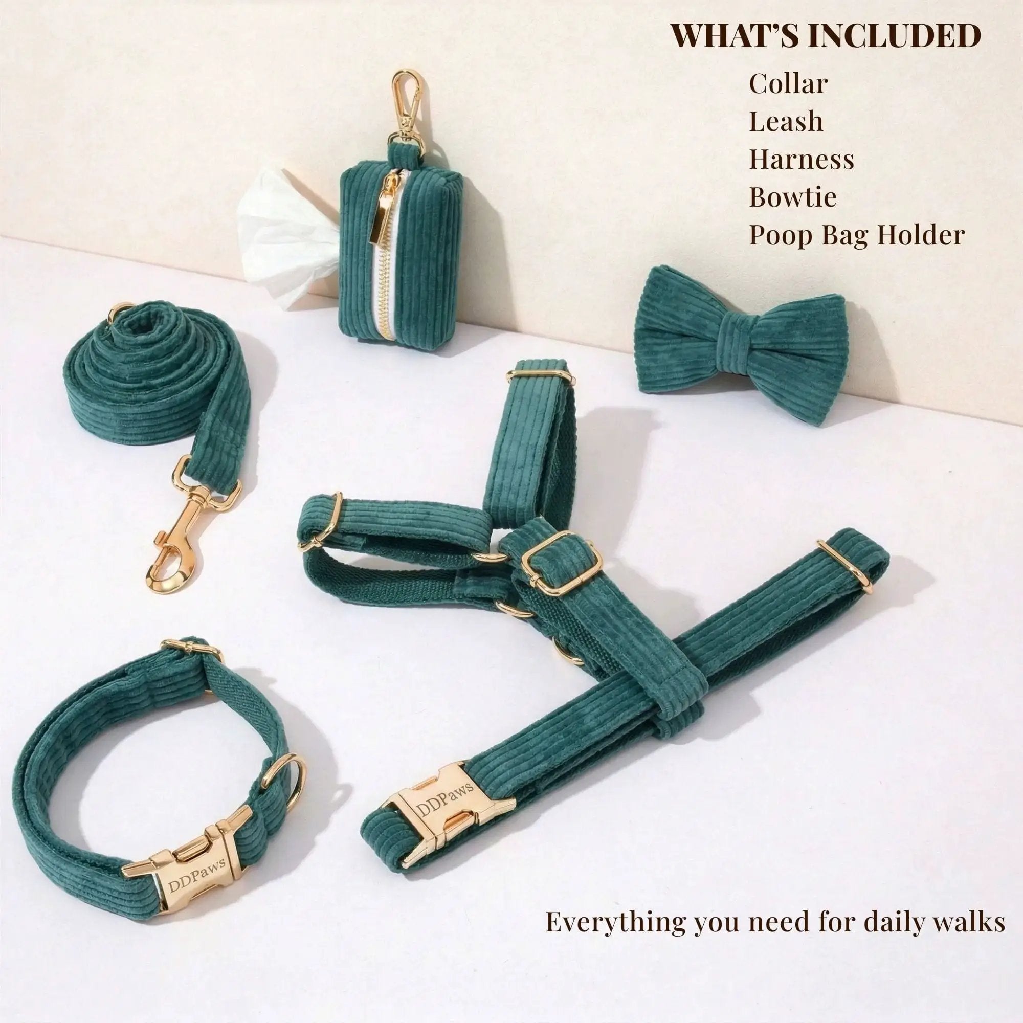 Personalized Dark Green Corduroy Harness Collar Leash No Pull Set by DDPaws