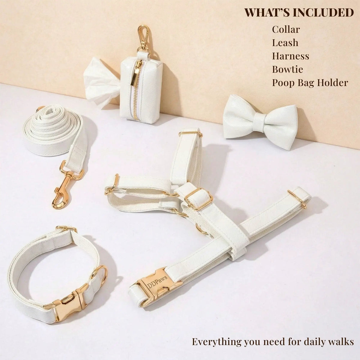Classic Elegance White Premium Leather Dog Walking Collar Leash Set by DDPaws