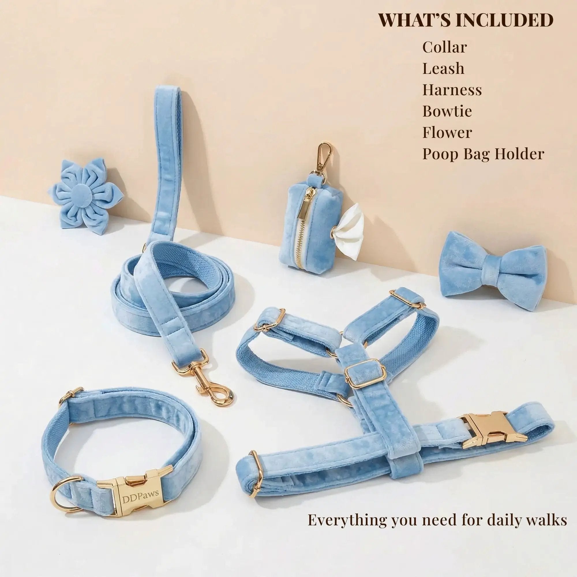 Luxury Blue Velvet Custom Dog Harness Set No Pull Sleek Hardware by DDPaws