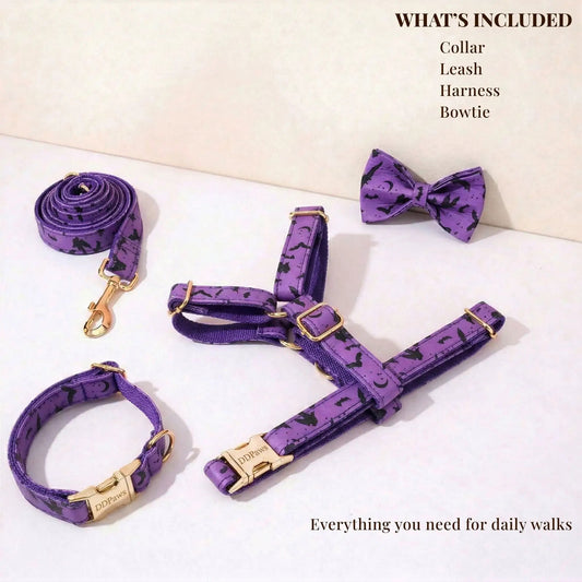 Luxe Pet Gear Halloween Classic Violet Print No Pull Harness With Matching Collar Leash And Bow Tie Set by DDPaws