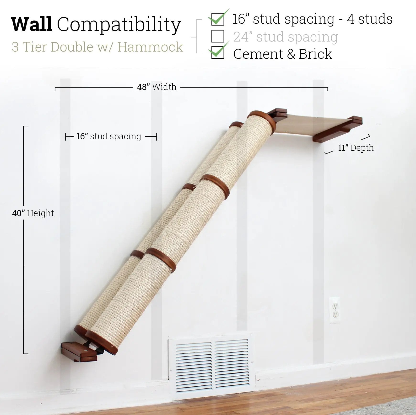Slanted Cat Scratcher for Wall; beige sisal tubes on a wall-mounted brown bracket.