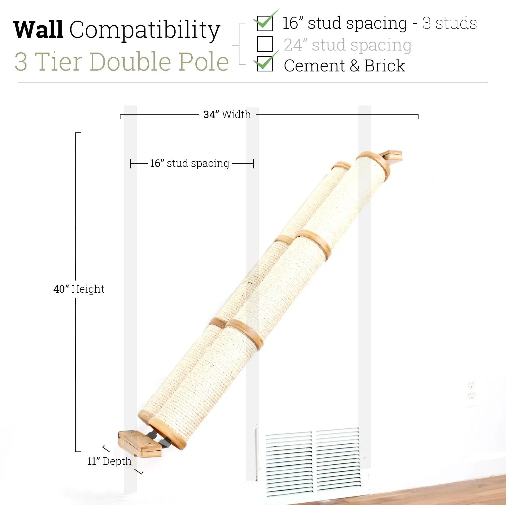 Slanted Cat Scratcher for Wall by Catastrophic Creations, beige sisal rope on wood ends, wall-mounted