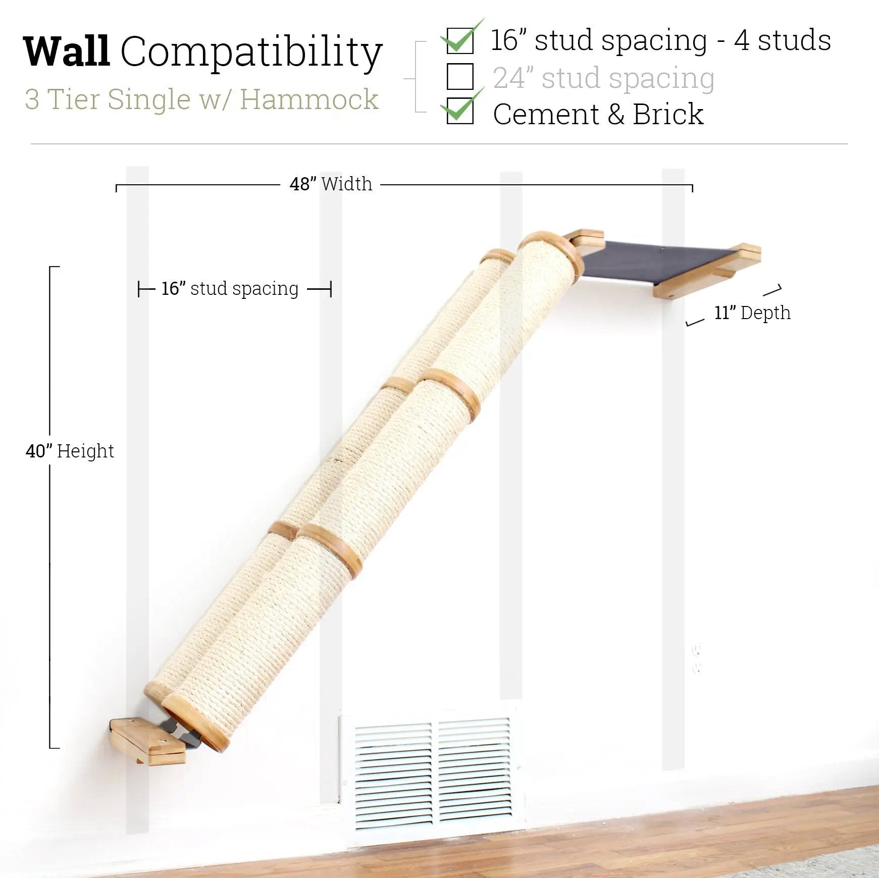 Slanted Cat Scratcher for Wall by Catastrophic Creations with rope-wrapped posts and wooden platform