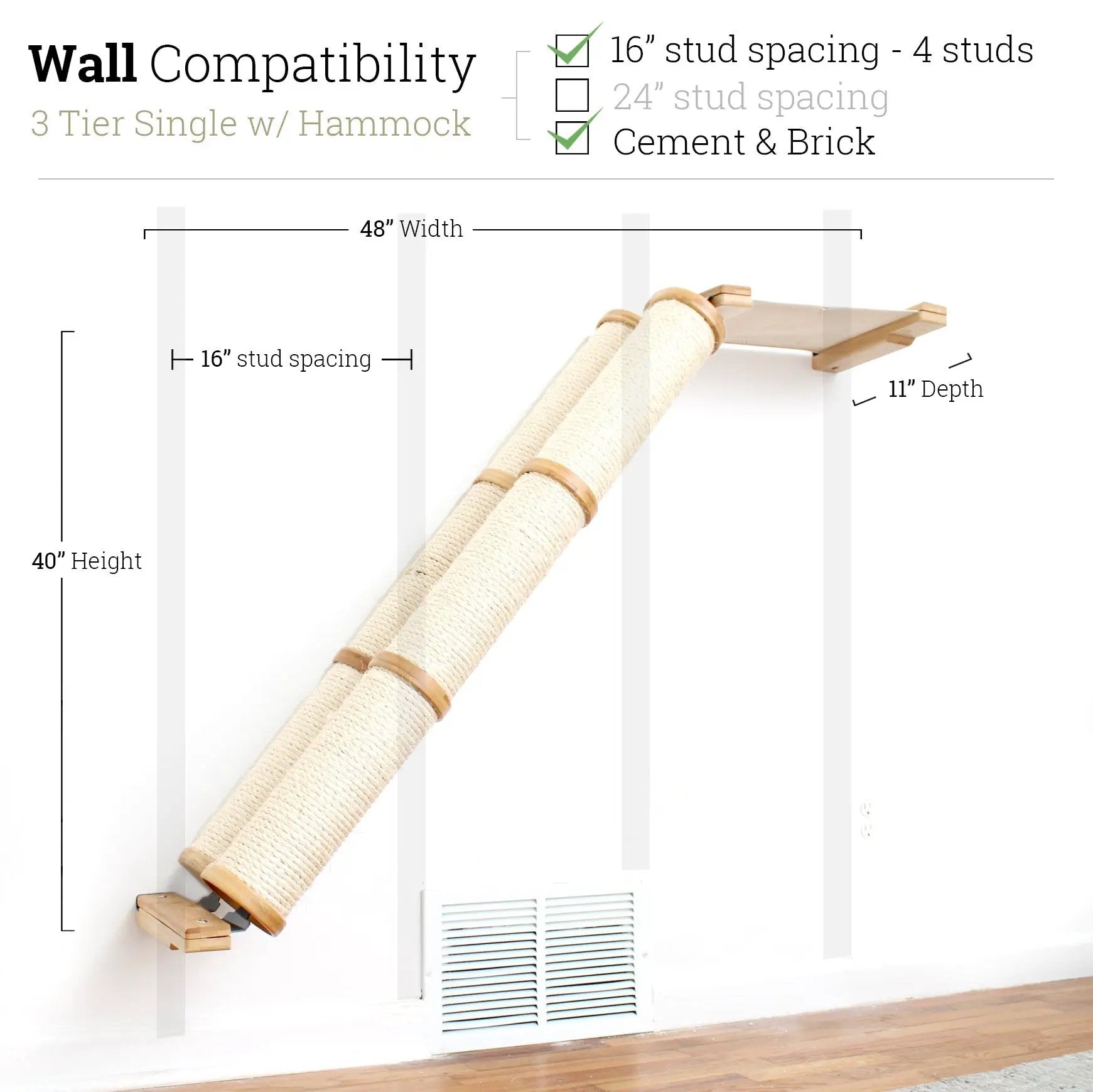 Slanted Cat Scratcher for Wall by Catastrophic Creations - 3-Tier with sisal rope posts