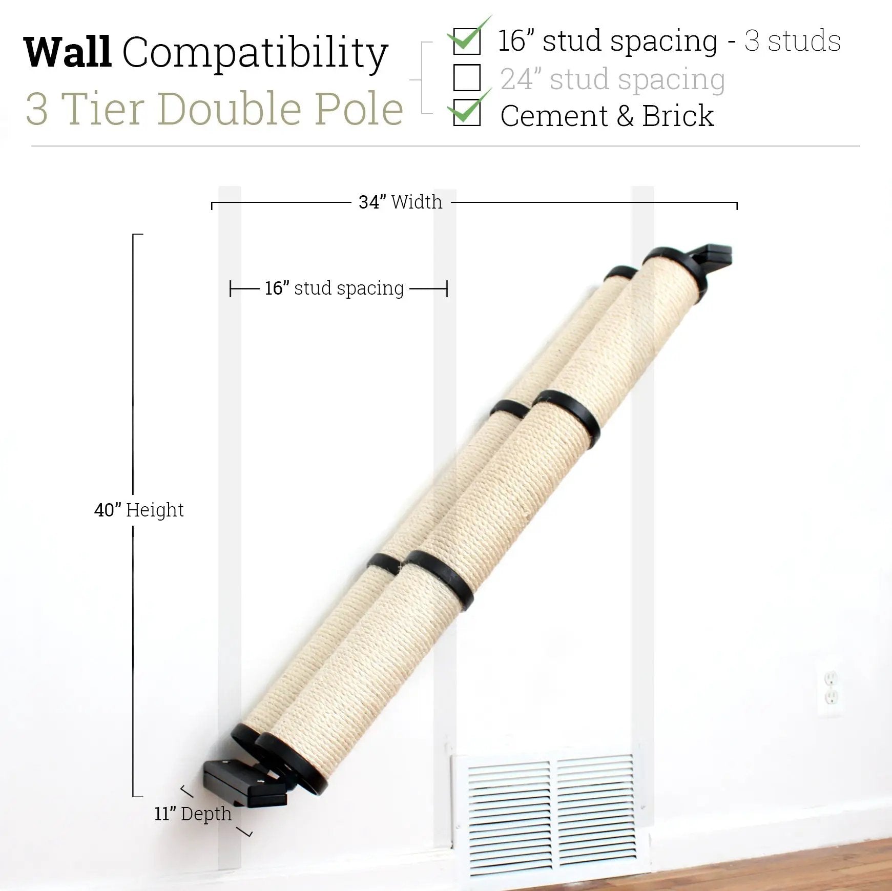 Slanted wall-mounted cat scratcher with beige sisal rope for cat steps & ramps.