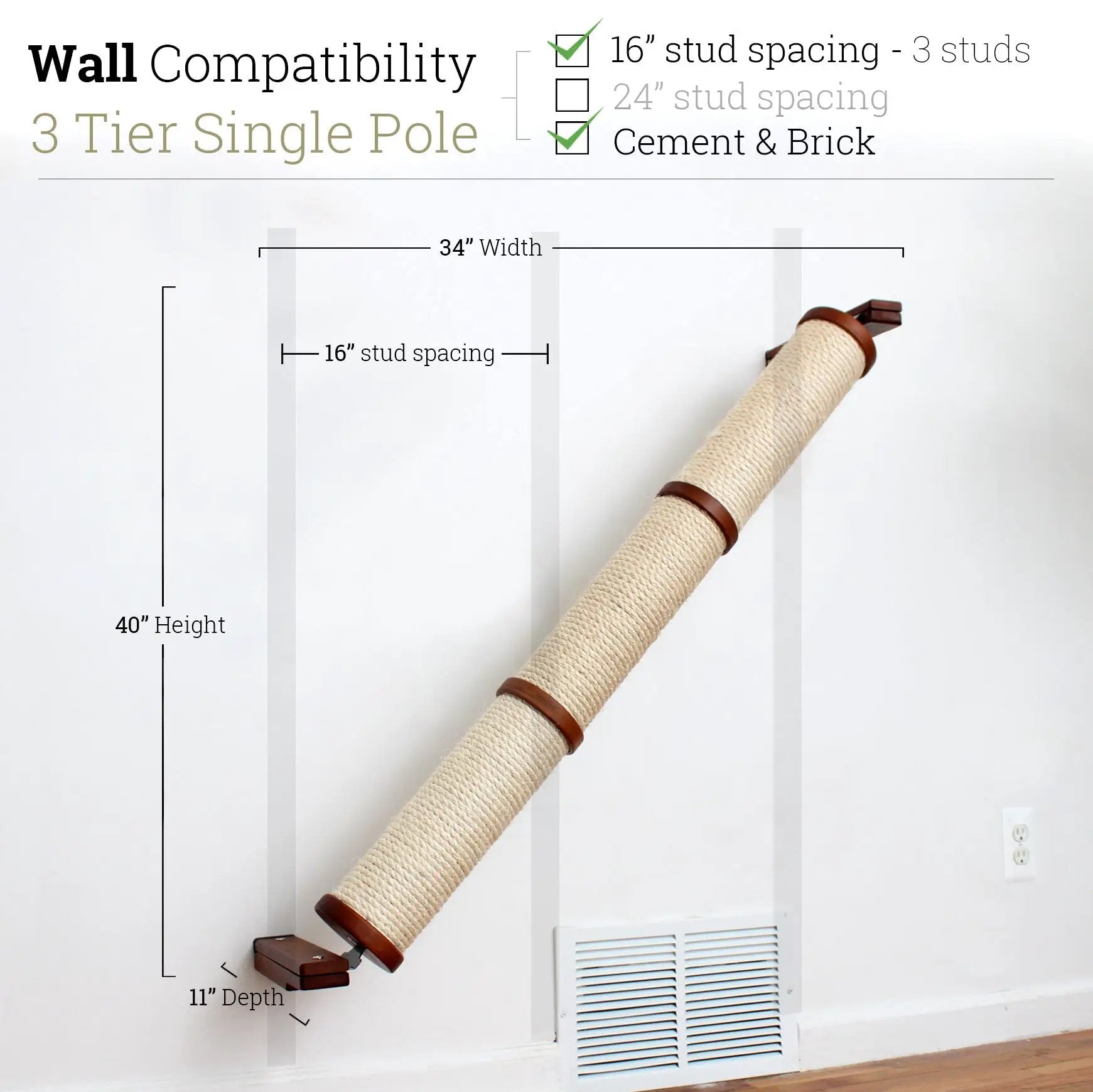 Slanted Cat Scratcher for Wall, beige sisal-wrapped pole with wood end caps