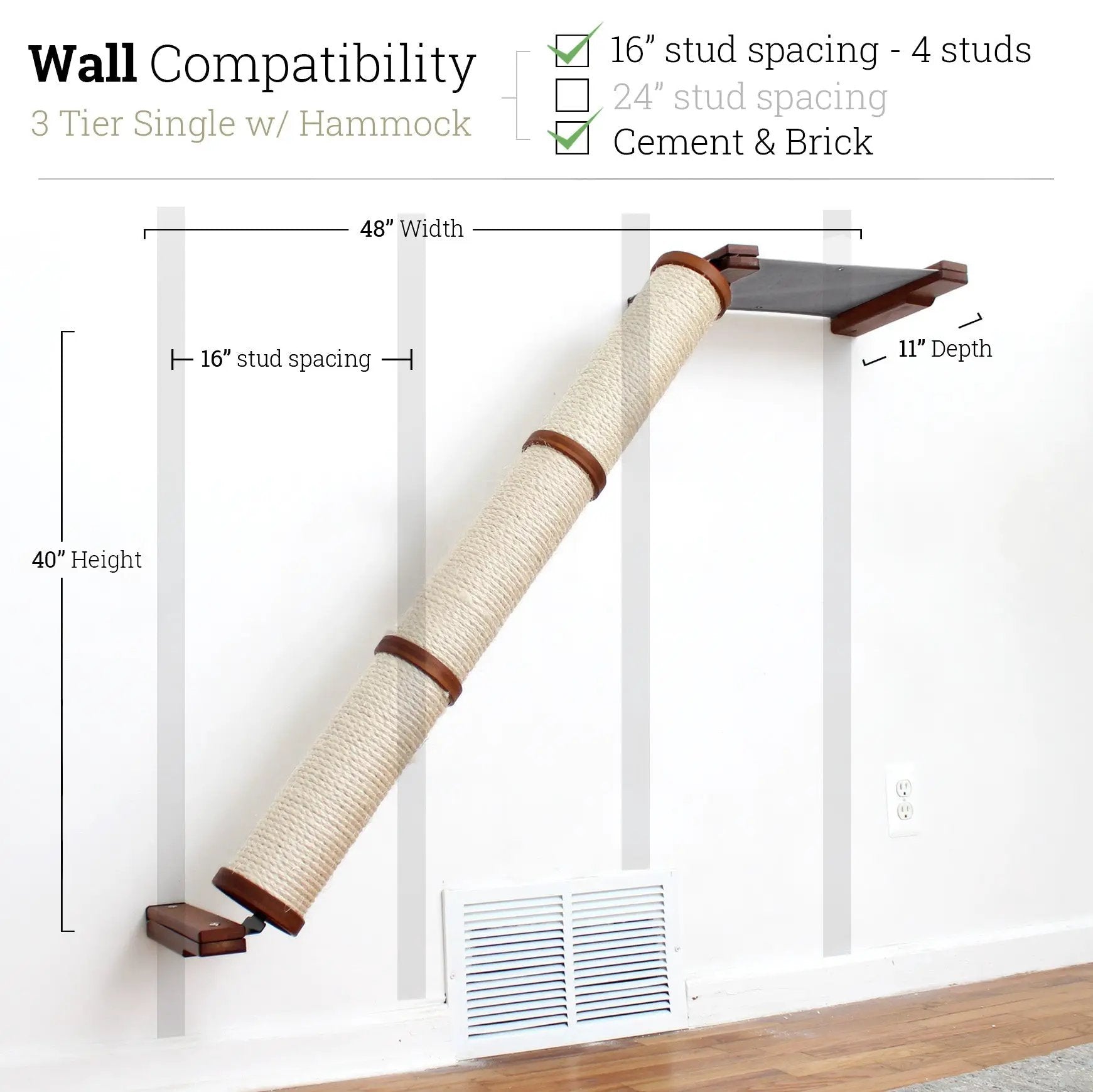 Slanted Cat Scratcher for Wall by Catastrophic Creations; beige sisal ramp with brown wood platform.