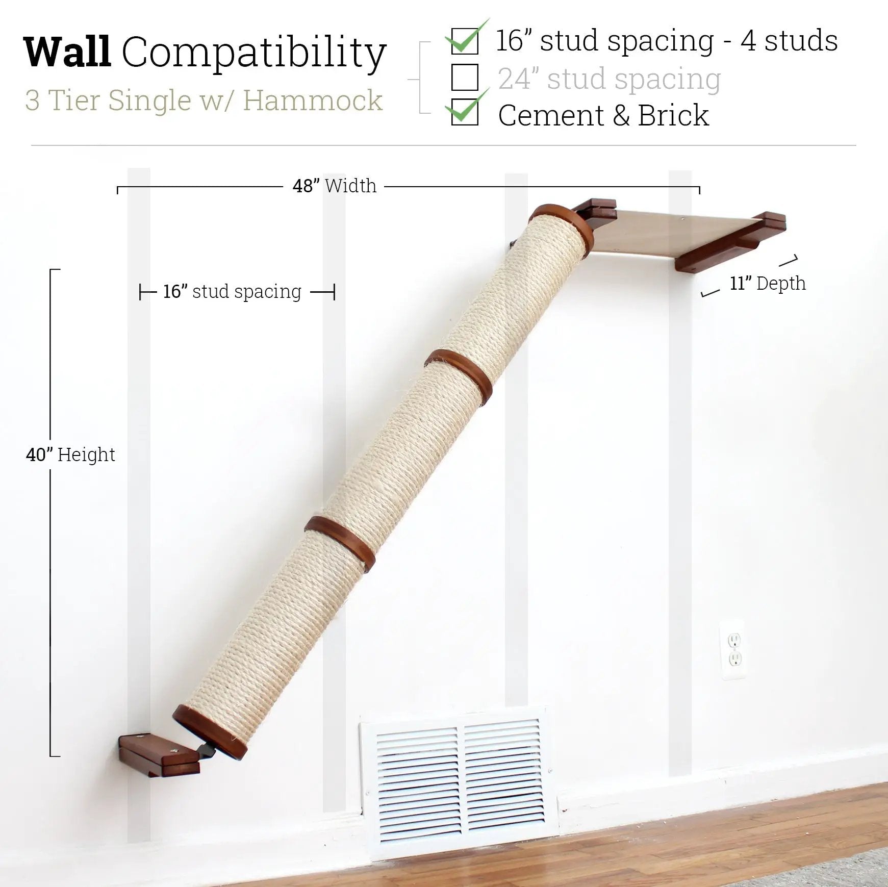 Slanted Cat Scratcher for Wall by Catastrophic Creations; wall-mounted, sisal-wrapped post with wood brackets.