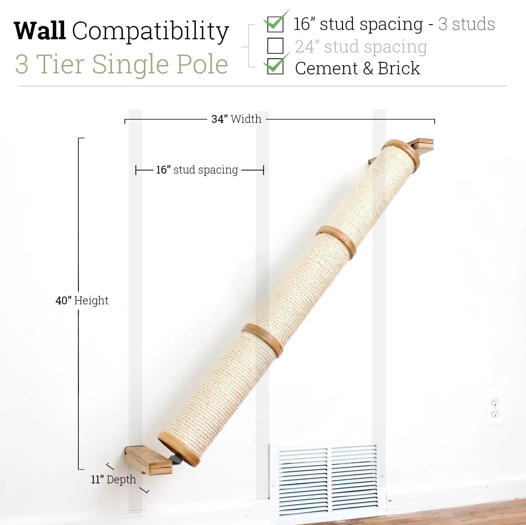 Slanted wall cat scratcher in beige sisal with wooden end caps, wall-mounted design