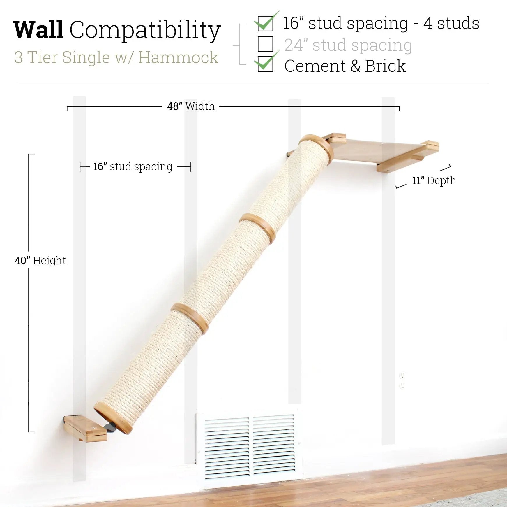 Slanted Cat Scratcher for Wall by Catastrophic Creations; beige rope-wrapped post with wooden wall mounts