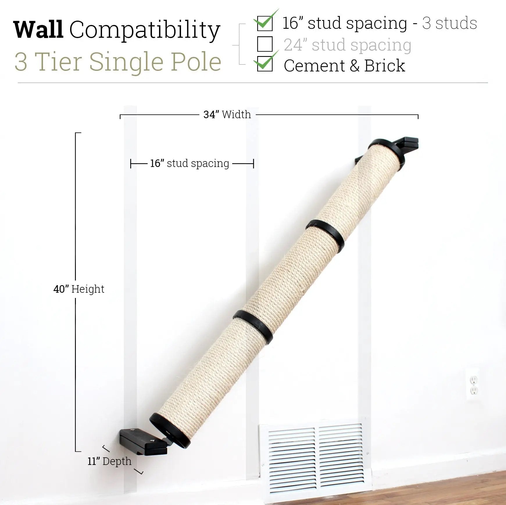 Slanted Cat Scratcher for Wall with beige sisal-wrapped post