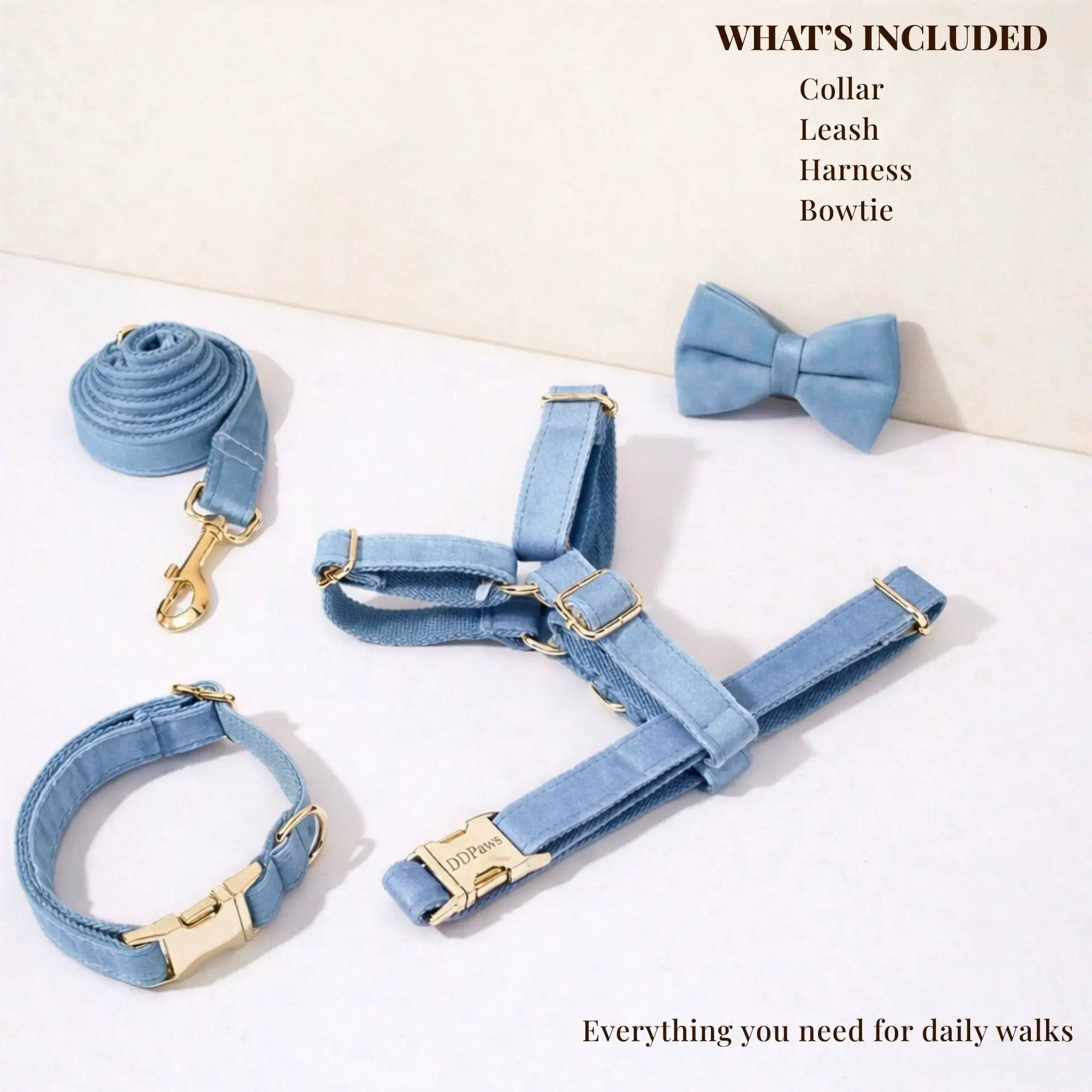 Luxury Blue Denim Dog Harness Leash Bow Tie Set Personalized Buckle by DDPaws