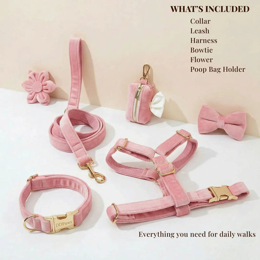Pink Velvet Dog Harness And Leash Set Personalized Soft Durable Fit by DDPaws