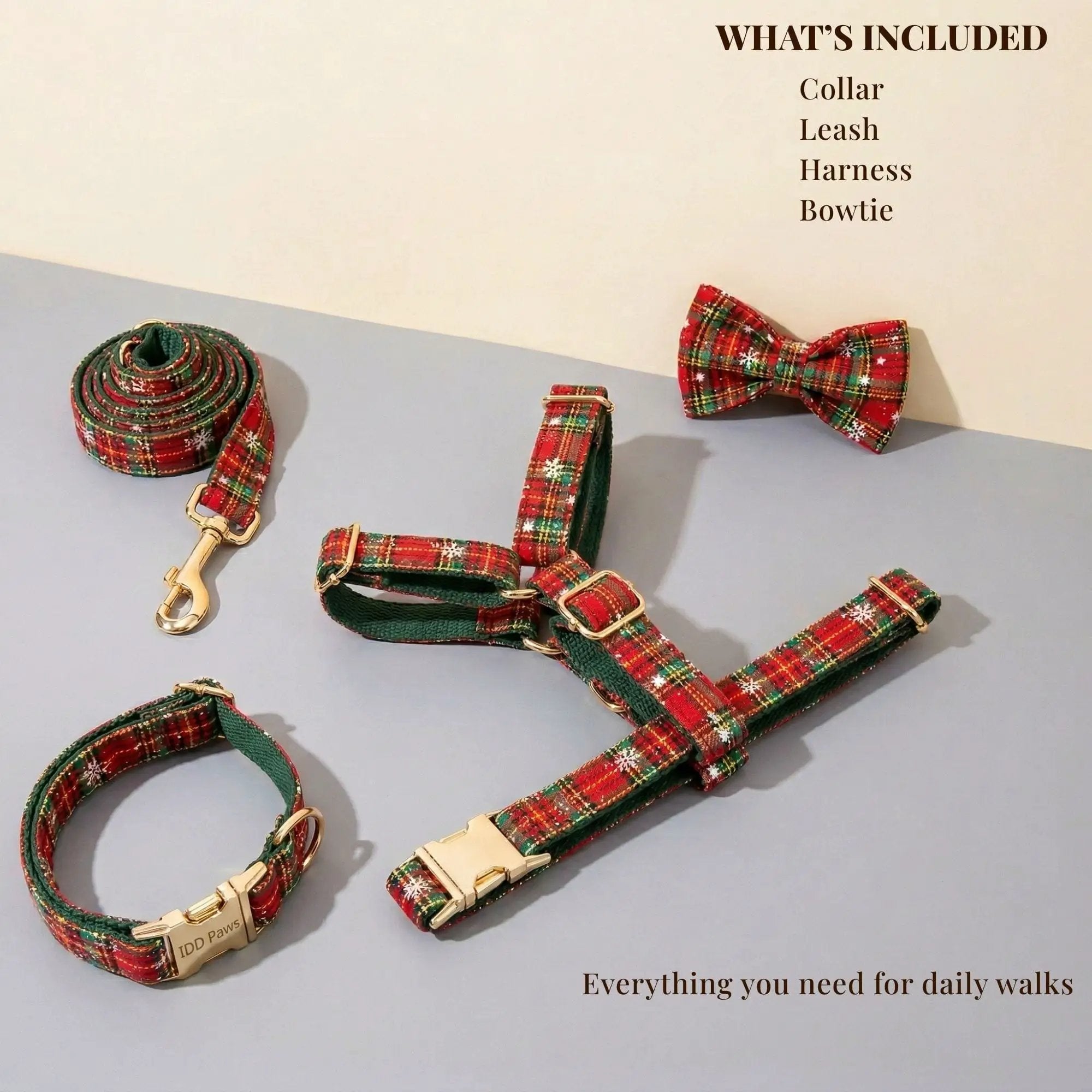 Festive Pets Christmas Plaid No Pull Dog Harness Set Collar Leash Personalized Engraved Buckle Tailored Fit by DDPaws