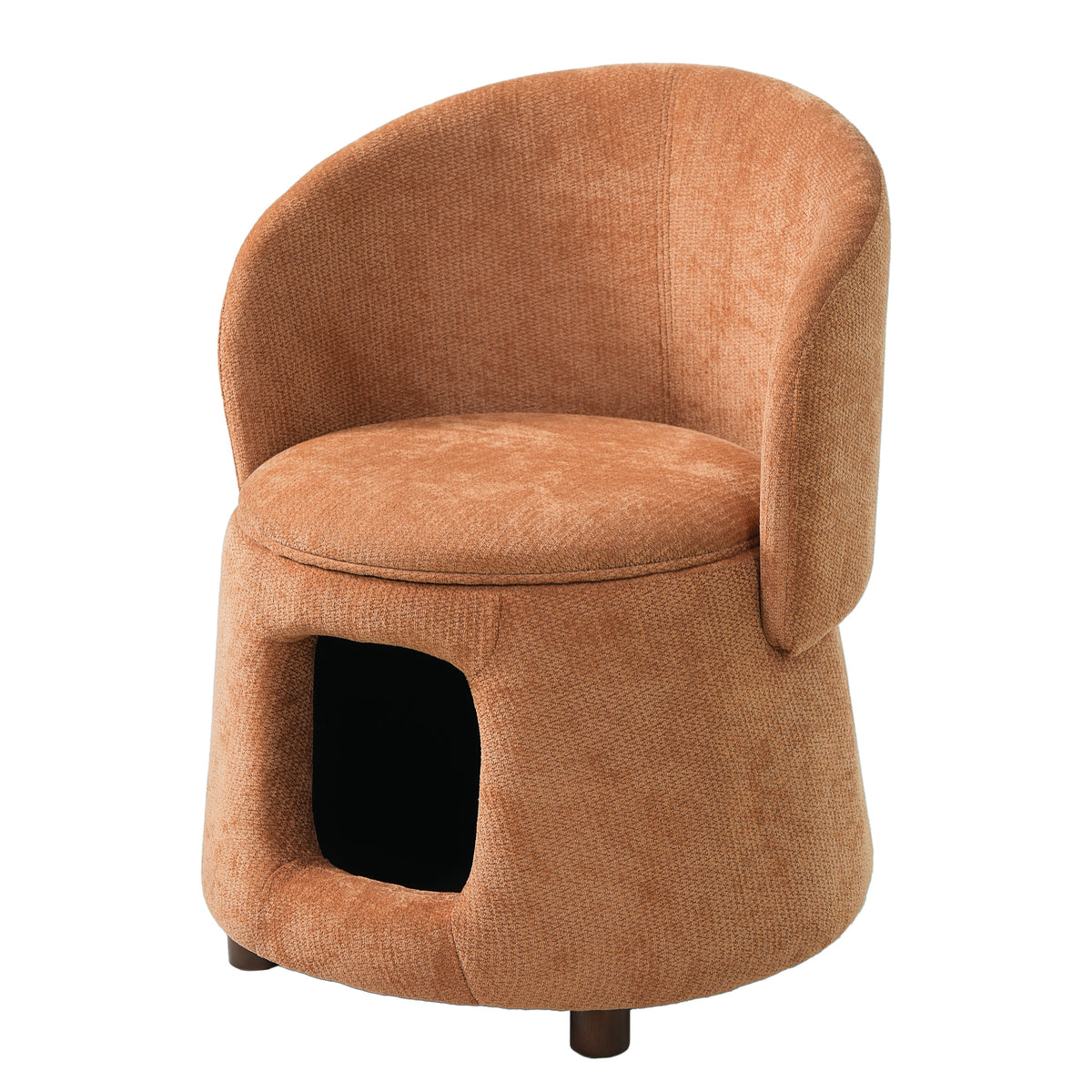 Orange Pet Friendly Chair with Hidden Pet Nook, textured orange upholstery and wood legs.