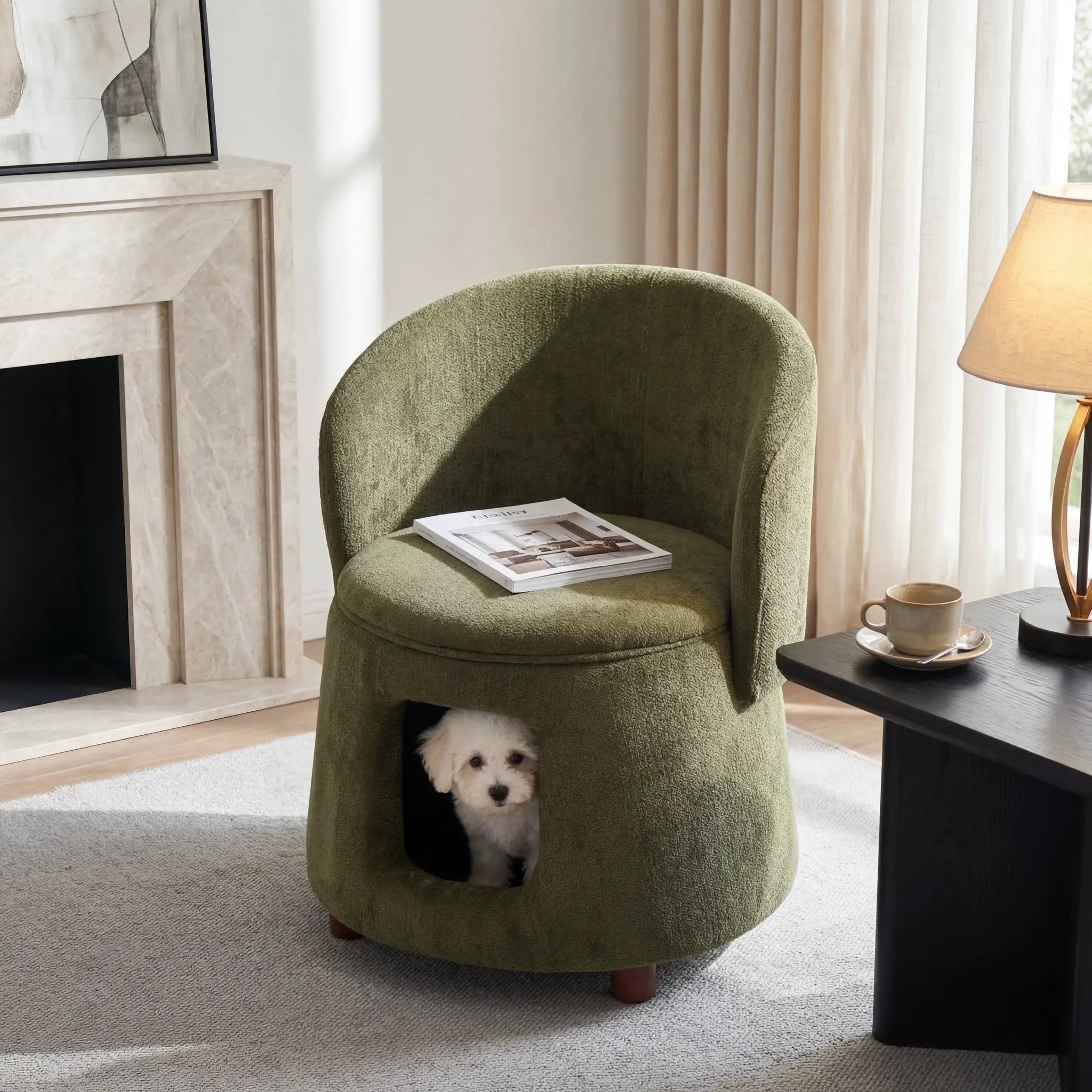 Green pet-friendly chair with hidden pet nook, a small white dog peeks out.