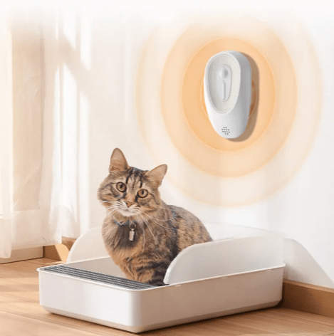 AromaShield Advanced Pet Odor Eliminator For Litter Boxes Compact 13CM Sterilizing Deodorizer Safe White Finish by For Animals, With Love