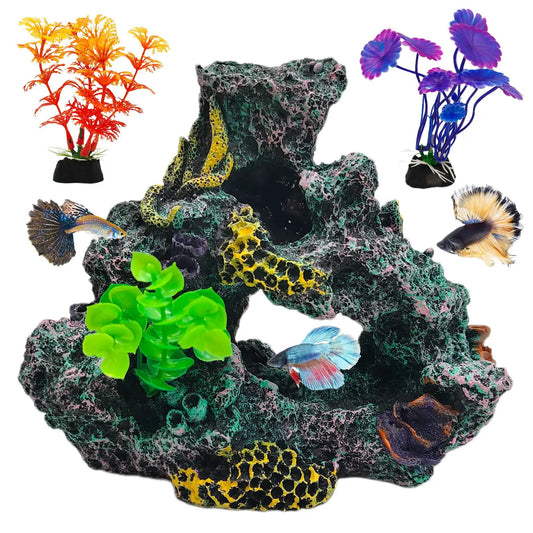 Hamiledyi Aquarium Coral Reef Decor Resin Betta Fish Tank Decorations for Aquarium Artificial Betta Fish Hideout House Small Goldfish Betta Fish Tank Ornament Accessories with 2 Pcs Aquatic Plants - from For Animals, With Love