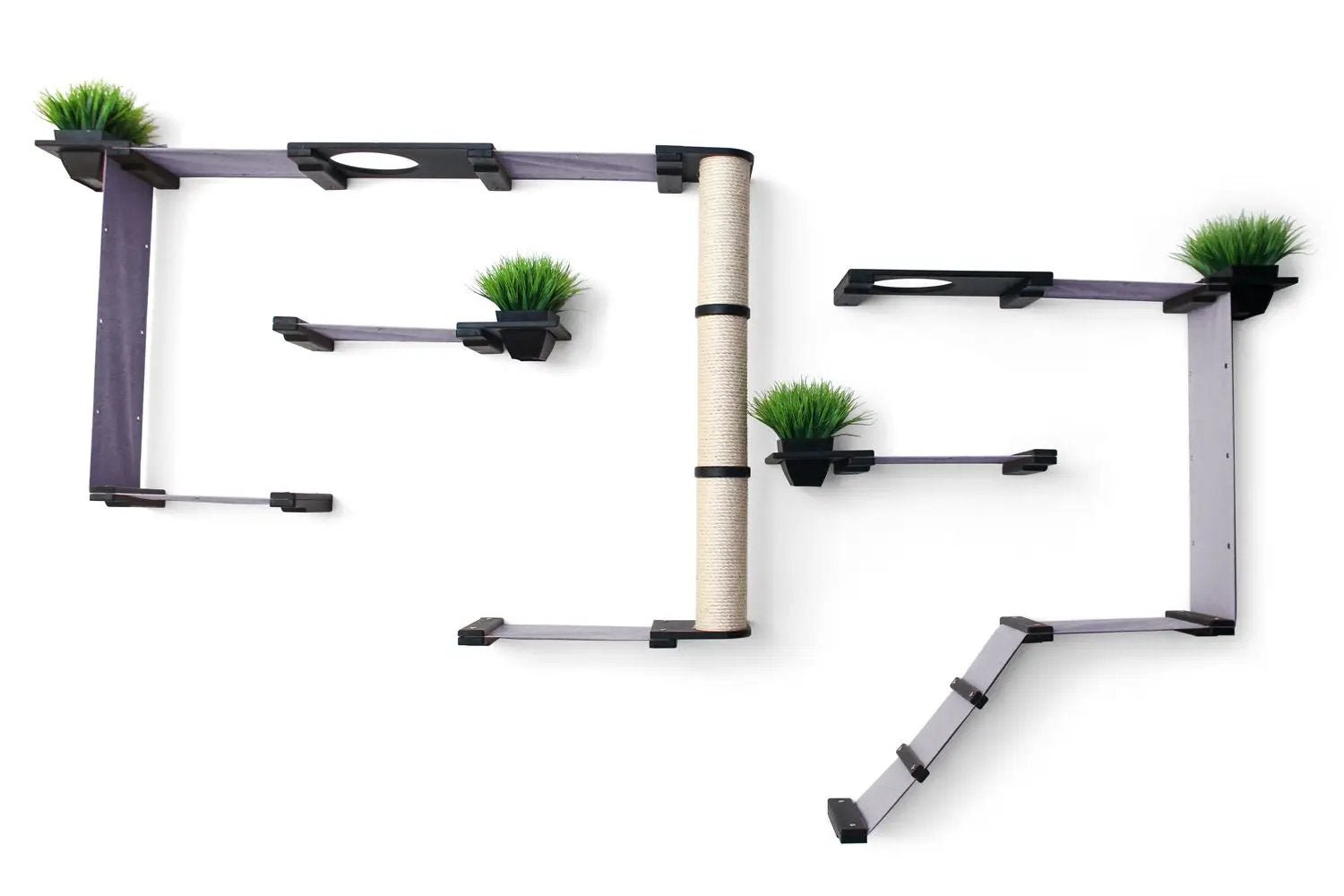 Cat condo The Gardens by Catastrophic Creations: modern wall-mounted cat tree with purple shelves and green plants
