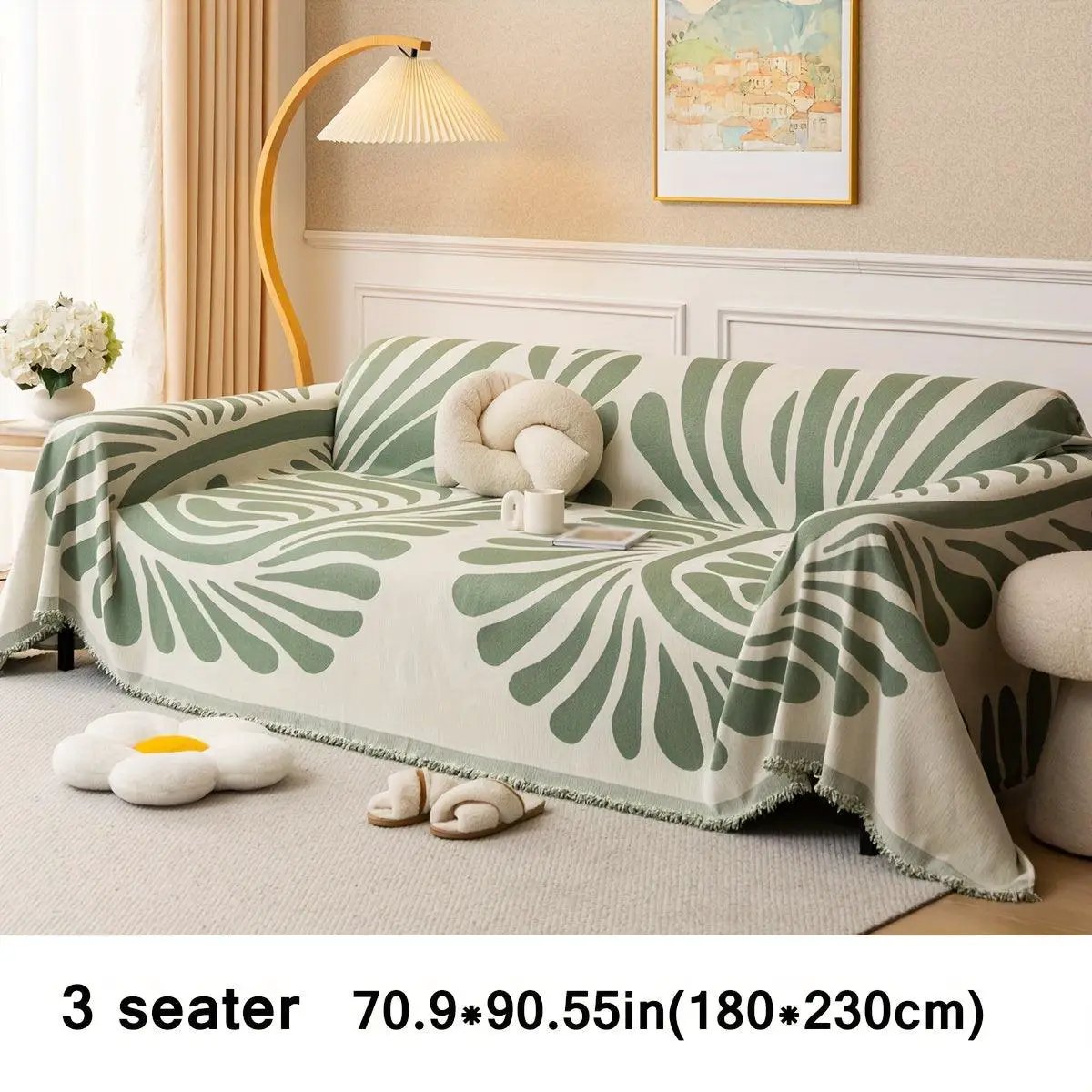 Versatile Chenille Sofa Cover by topspet for 3 seater, green leaf print, pet-friendly