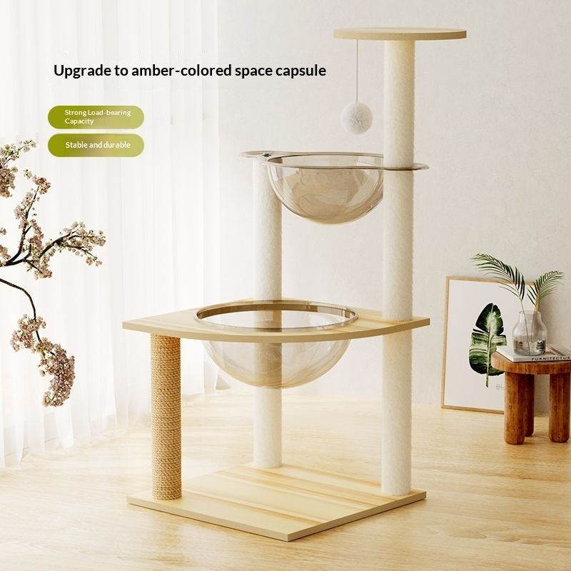 N15 cat tree with two clear capsule bowls