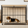 Charger l'image dans la visionneuse de la galerie, Large Sangria Beech wooden dog crate furniture with removable tray and secure doors, black metal frame on casters.
