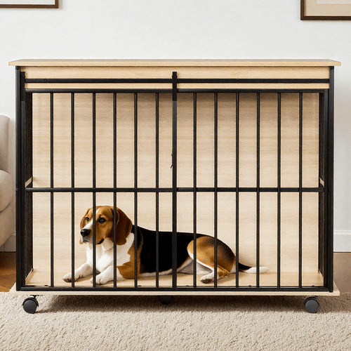 Large Sangria Beech wooden dog crate furniture with removable tray and secure doors, black metal frame on casters.