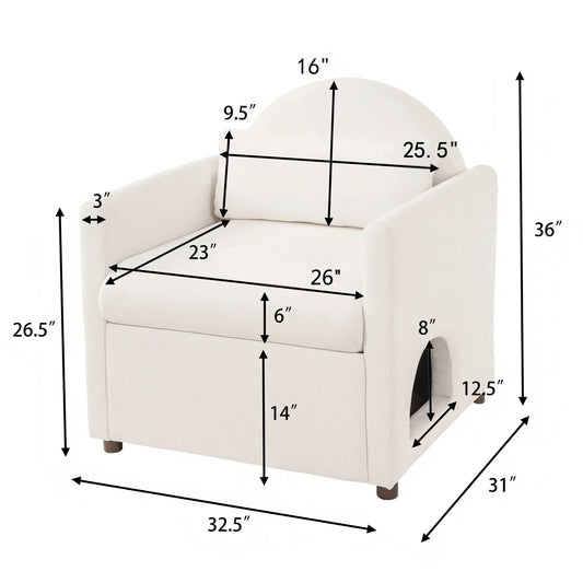 Beige Pet Friendly Accent Chair with Hidden Pet Nook, fabric upholstery.
