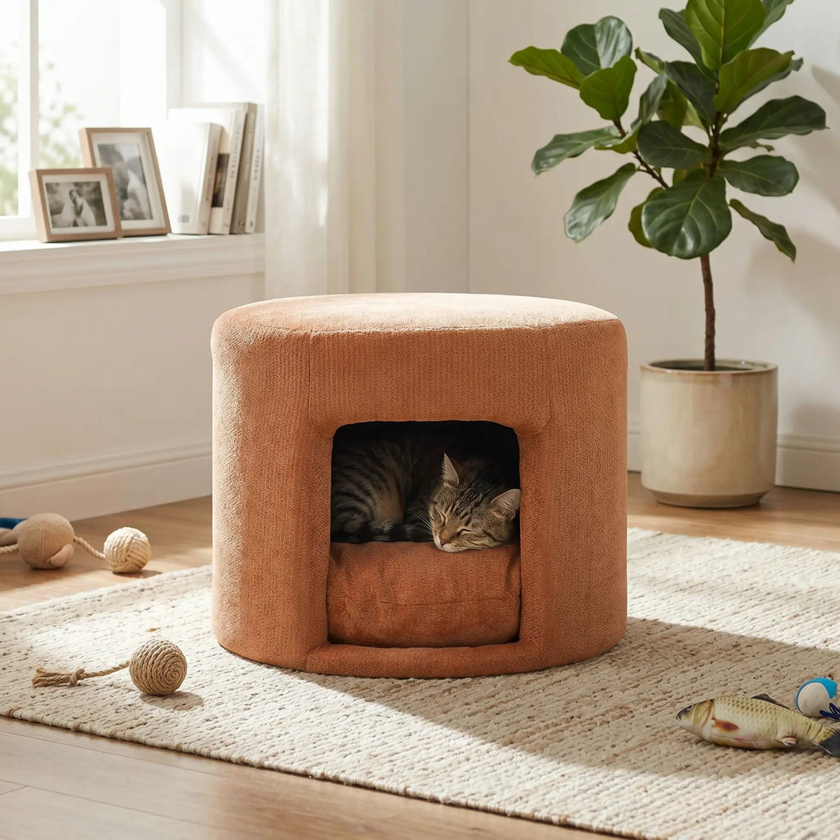 Orange pet-friendly ottoman with removable cushion; cat resting inside the storage opening