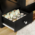 Carica l'immagine nel visualizzatore della galleria, Hidden cat litter box enclosure drawer with jars and cat litter packages, showcasing discreet storage solution.
