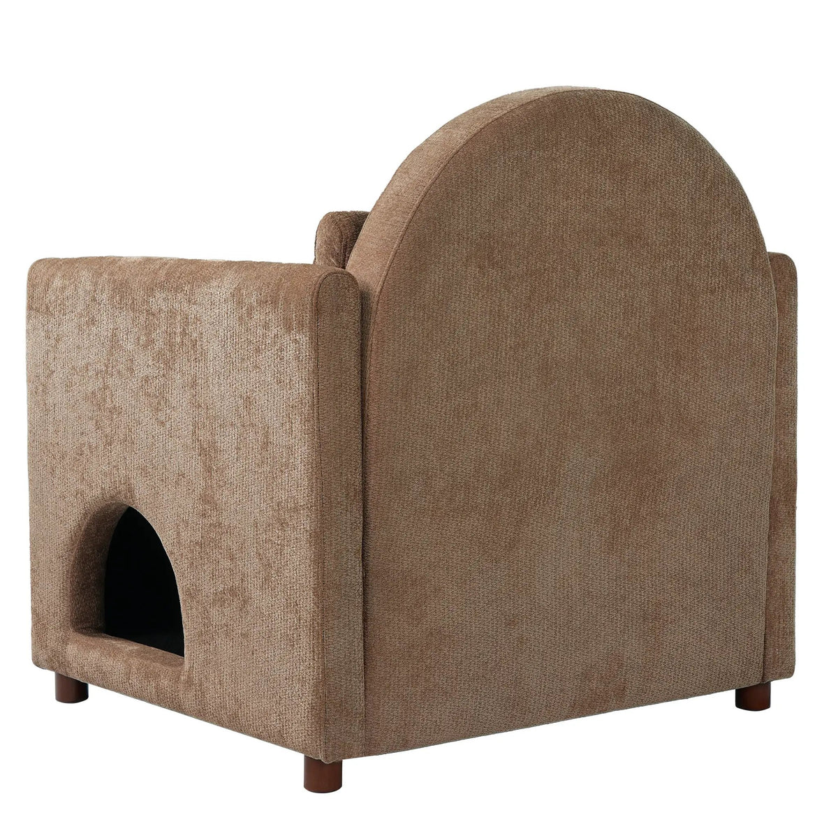 Coffee brown pet-friendly accent chair with hidden pet nook, textured fabric and wooden legs