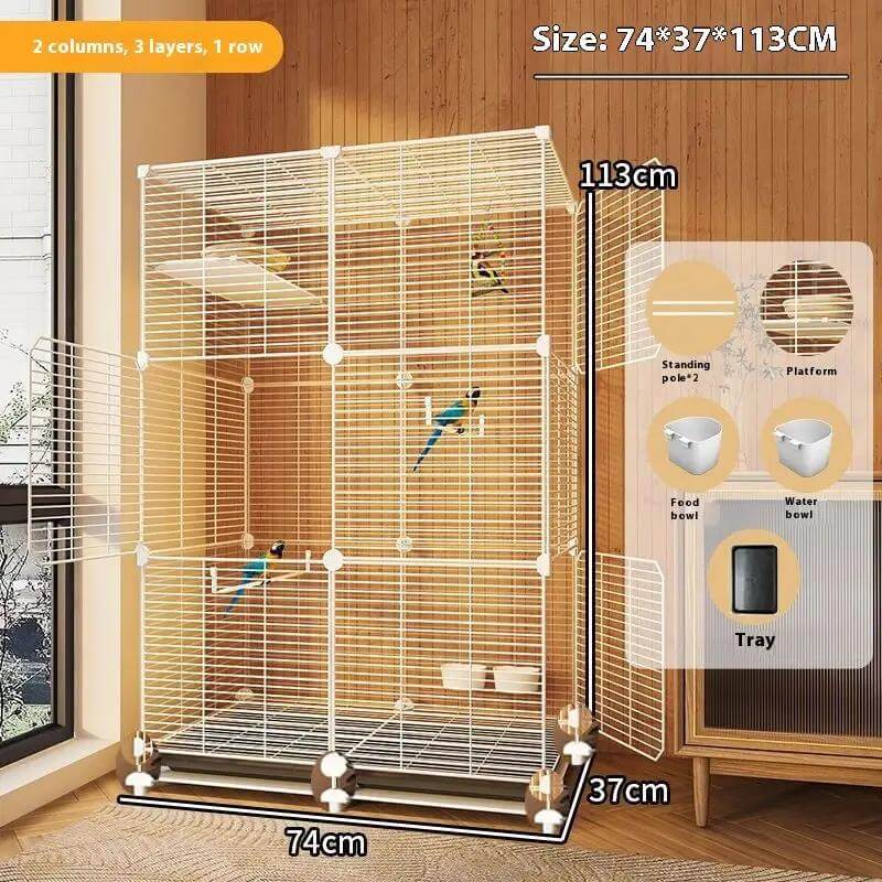 Large rolling bird cage with white metal frame, perches, feeding bowls and removable tray; size 74x37x113 cm.