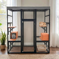 Load image into Gallery viewer, Premium Solid Wood Pet Enclosure, black-framed wire-mesh cage with gray top, orange steps, cat inside.
