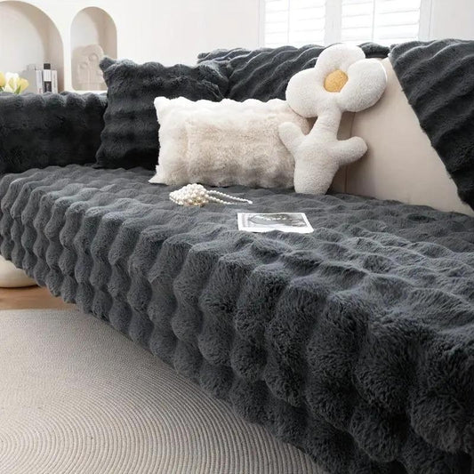 Molly Mutt Couch Cover by topspet, dark gray plush non-slip sofa protector.
