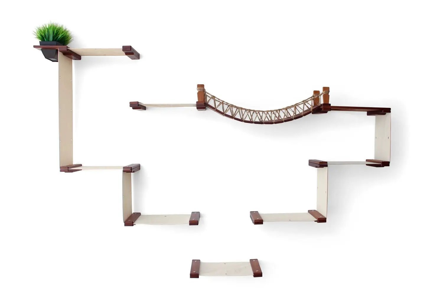 The Temple giant wall-mounted cat condo, beige platforms with a rope bridge.