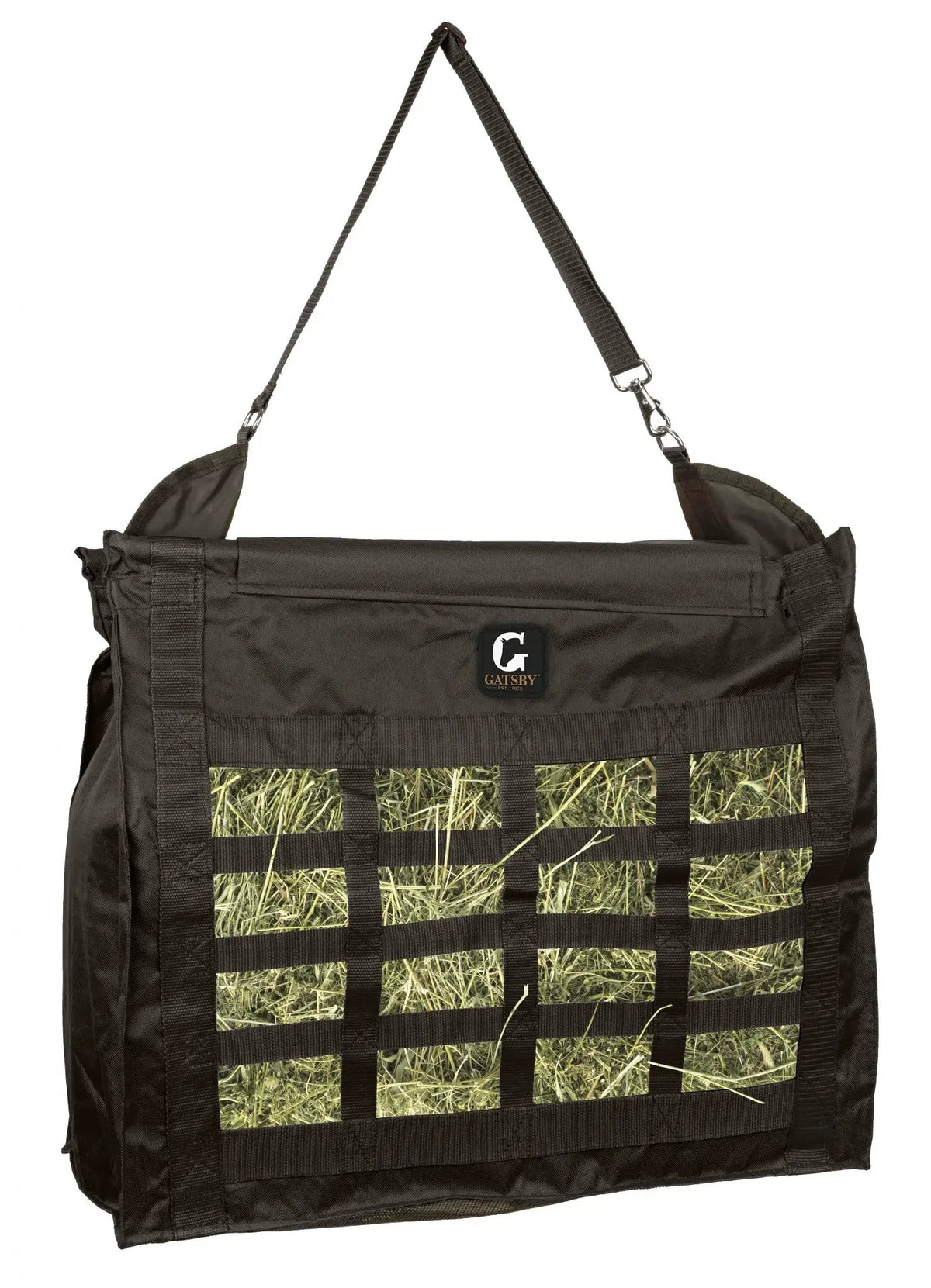 Gatsby Nylon Slow Feed Hay Bag by StateLineTack, black with clear hay-view panel and adjustable strap