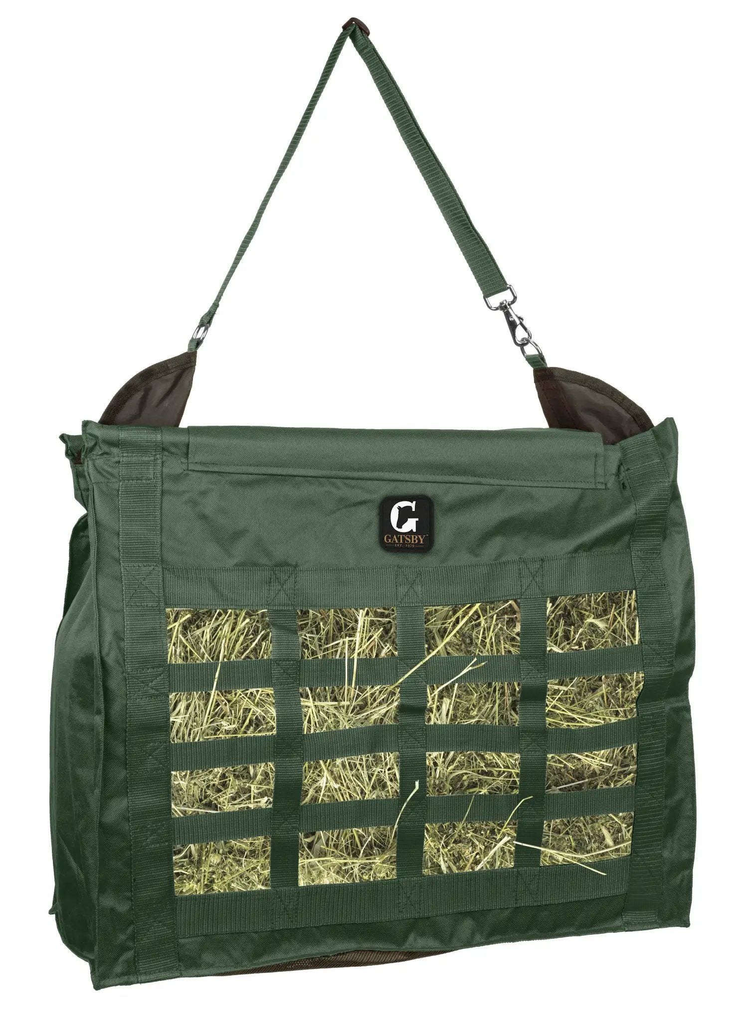Gatsby Nylon Slow-Feed Hay Bag in green with front hay window; StateLineTack.
