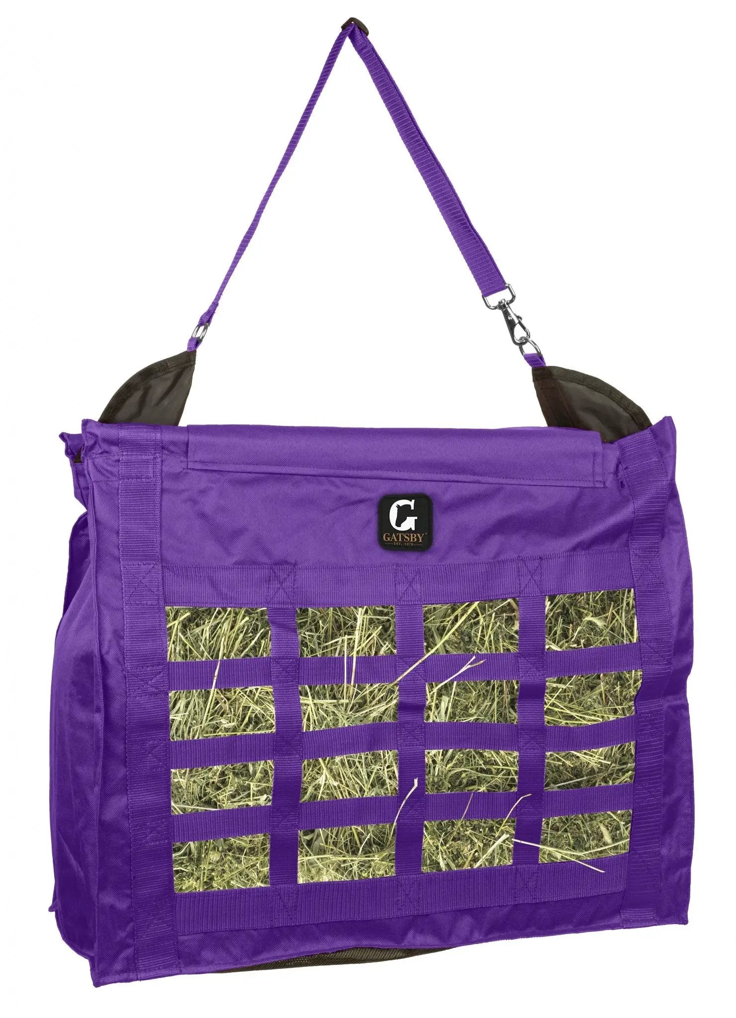 Gatsby Nylon Slow Feed Hay Bag, purple with hay-view window grid and metal hardware