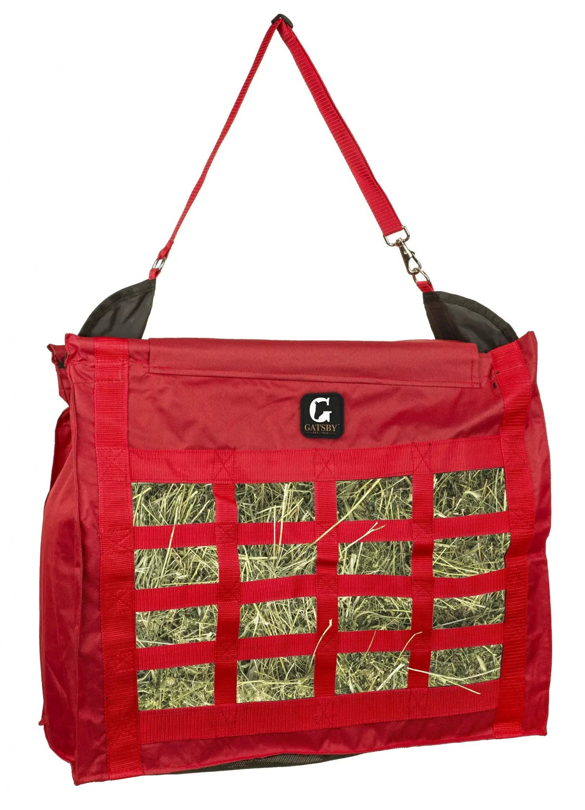 Gatsby Nylon Slow Feed Hay Bag, red nylon with hay-view window panels and Gatsby logo patch