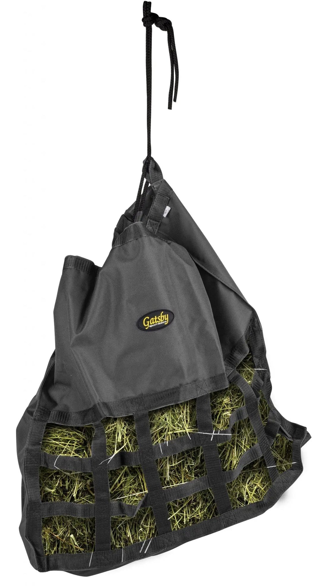 Gatsby Nylon Scratchless Slow Feed Hay Bag, gray nylon with Gatsby logo, StateLineTack
