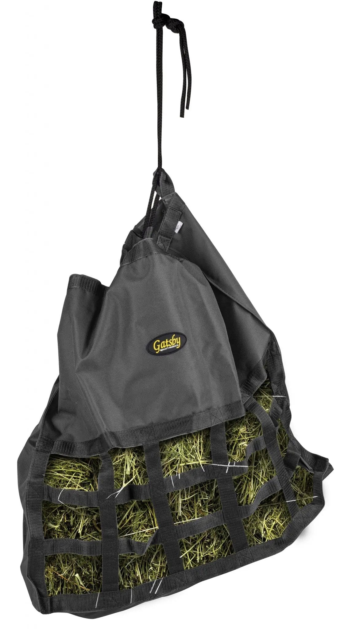 Gatsby Nylon Scratchless Slow Feed Hay Bag, gray nylon with Gatsby logo, StateLineTack