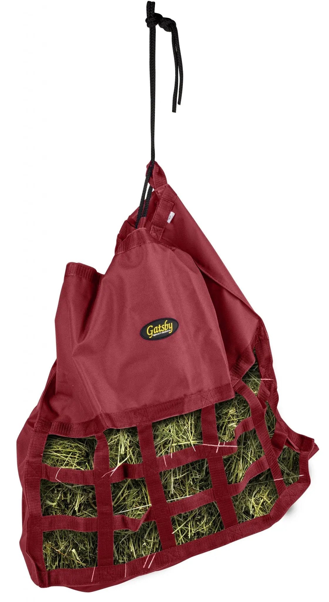 Gatsby Nylon Scratchless Slow Feed Hay Bag by StateLineTack, burgundy nylon with black rope hanger