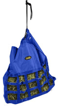 Bild in Galerie-Betrachter laden, Gatsby blue nylon scratchless slow-feed hay bag with hanging cords; Gatsby logo visible.
