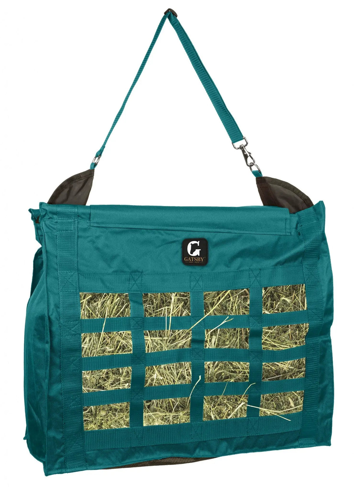 Gatsby Nylon Slow-Feed Hay Bag, teal with mesh hay panels and metal hooks