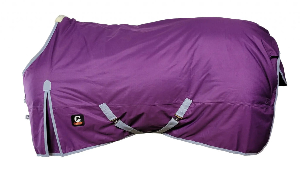 Gatsby Shield turnout blanket 1200D 250g waterproof by StateLineTack, purple with gray trim.