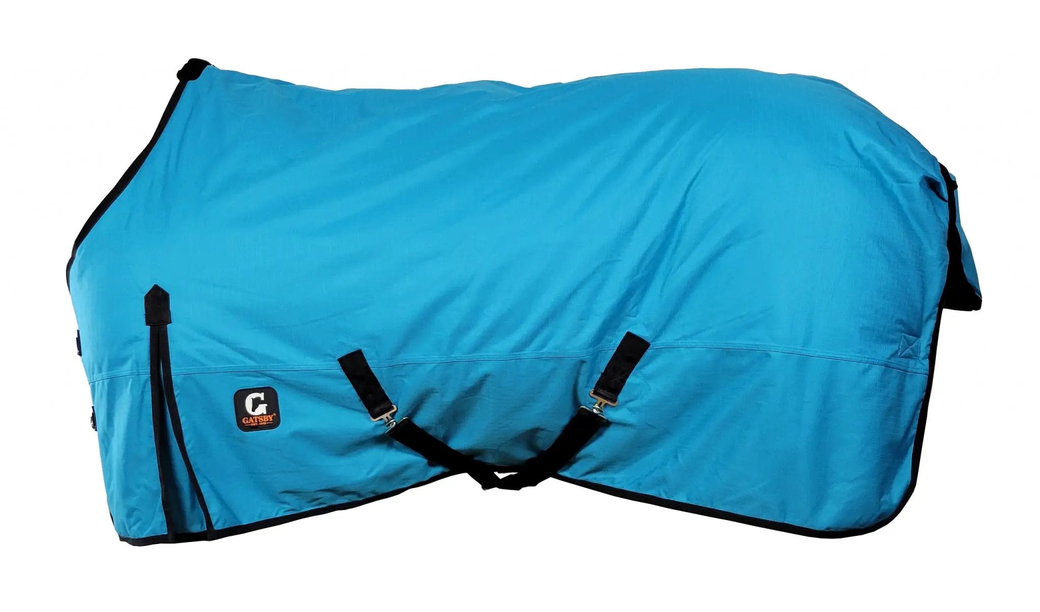 Gatsby Shield 1200D turnout sheet by StateLineTack, blue waterproof blanket with black straps.