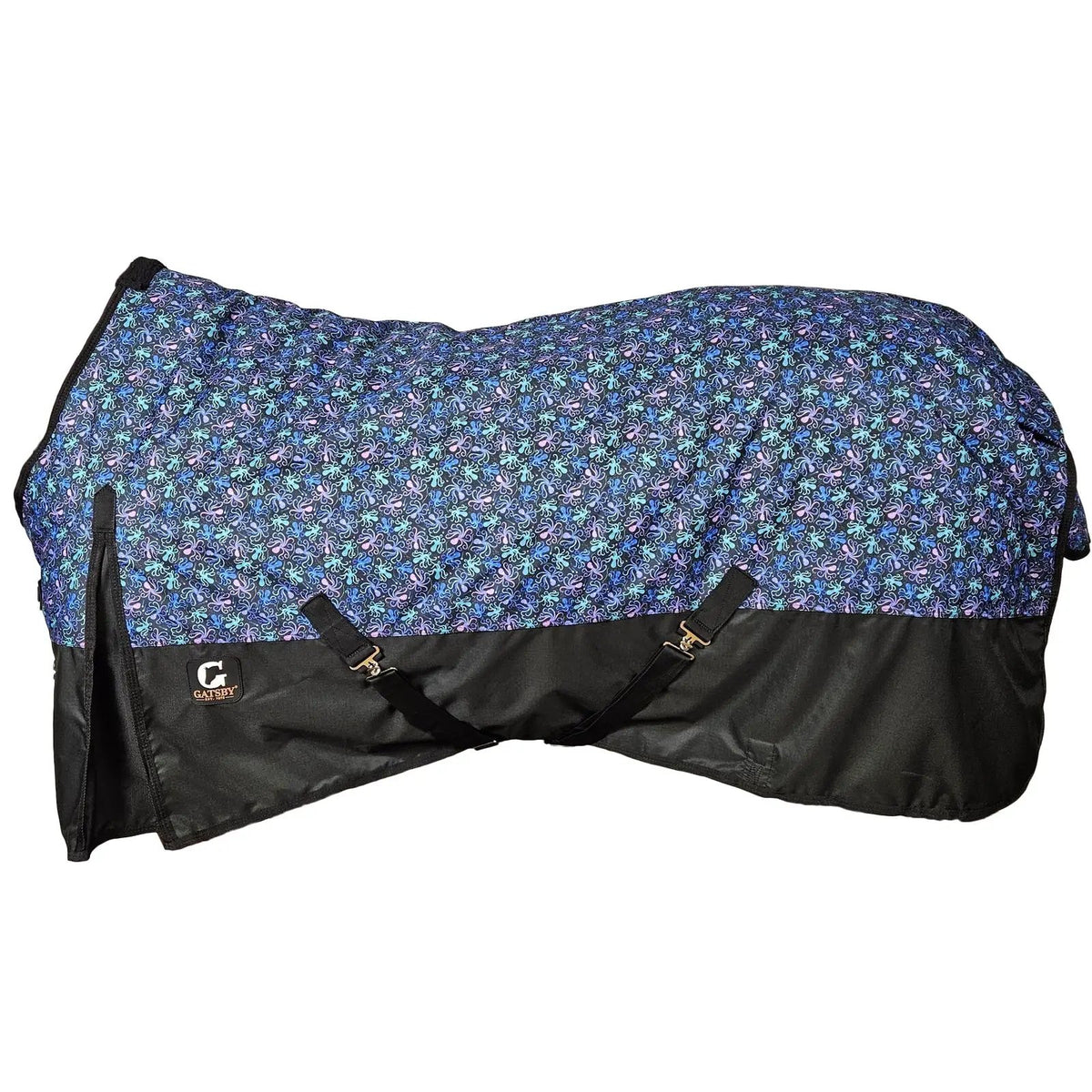 Gatsby Guard 600D 250g waterproof turnout blanket by StateLineTack; blue-purple patterned top, black body.