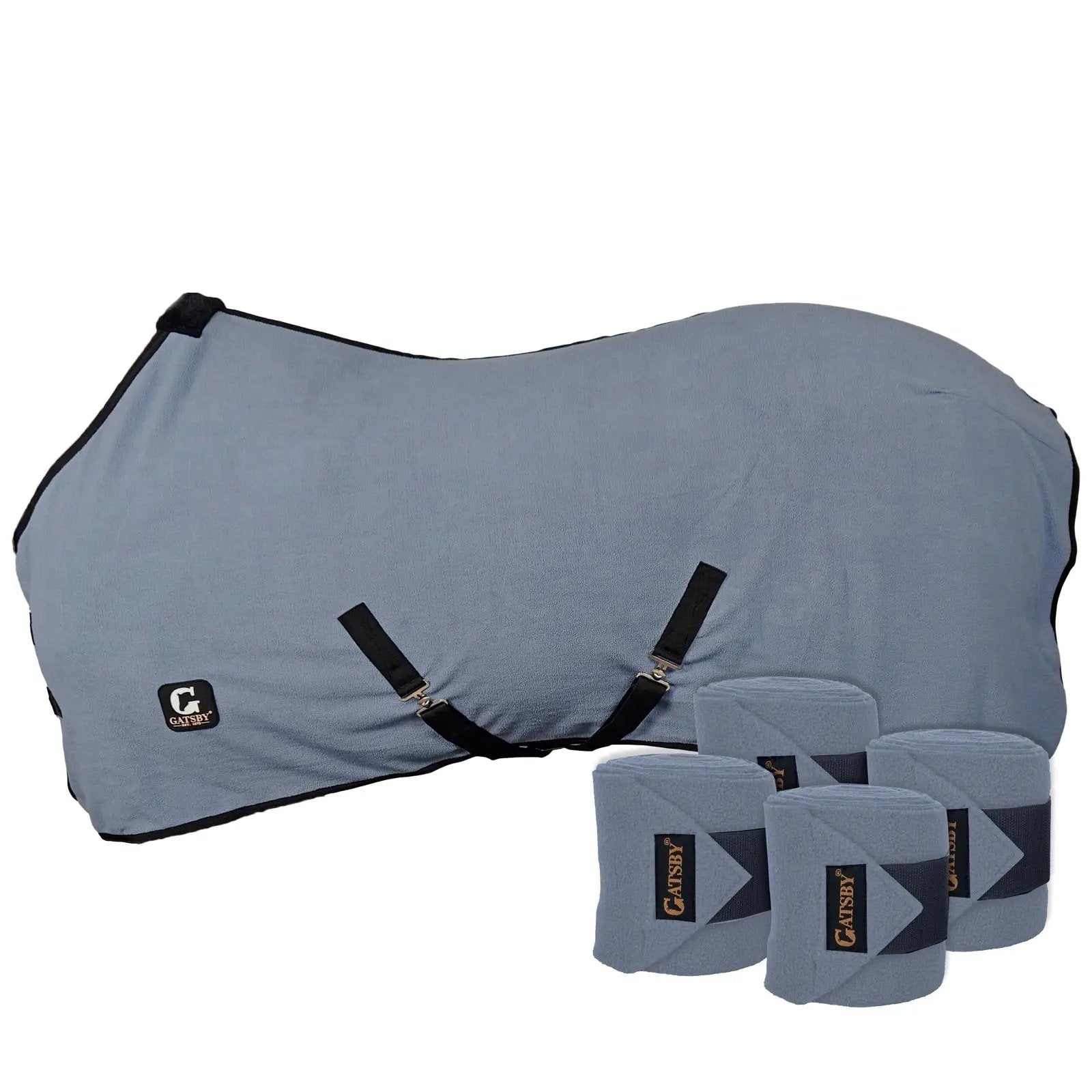 Gatsby Fleece Dress Sheet & Matching Polo Wrap Set by StateLineTack, blue-gray with black trim, includes six polo wraps
